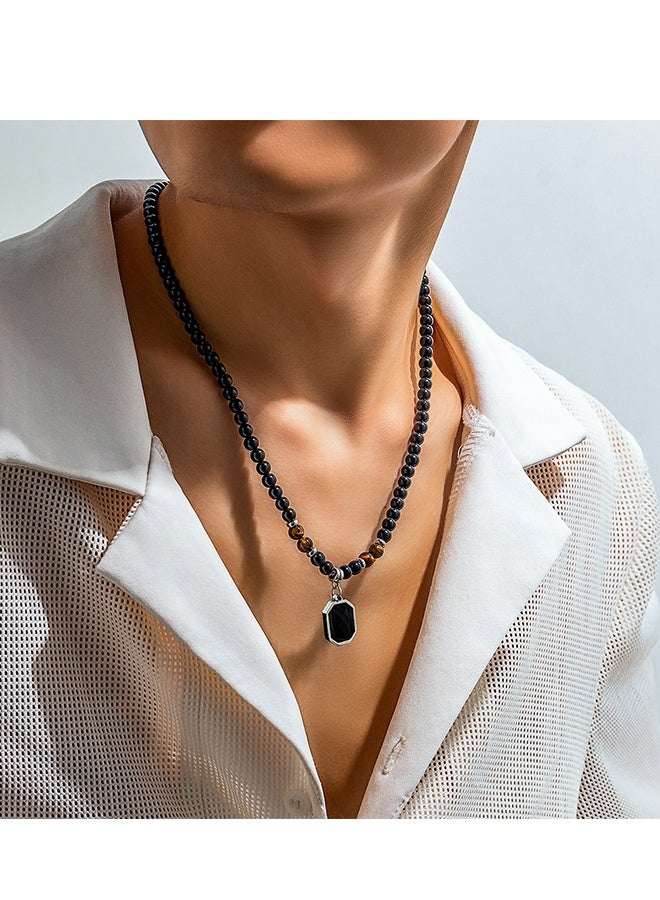 Happy D Black Beaded Chain Necklace with Safety Clasp, Men's Hip-Hop Niche High-End Minimalist Personalized Collarbone Chain Accessory - Image 3